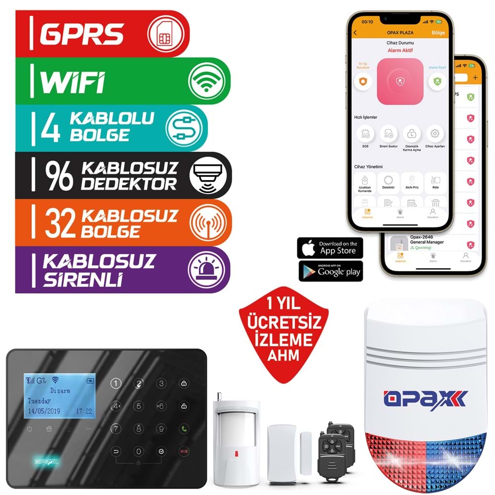 Opax ARD-575 GPRS/GSM/WİFİ ALARM PANELİ KABLOSUZ SİRENLİ - Görsel 2