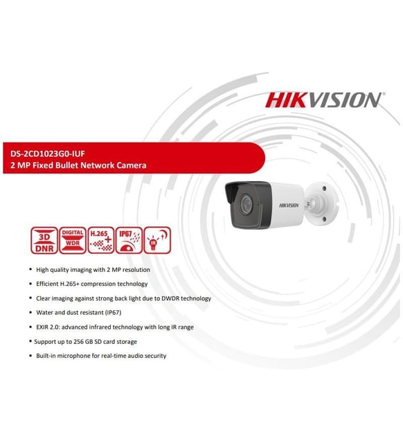 HIKVISION DS-2CD1023G0-IUF 2MP 4mm Lens H265+30Mt Gece Görüşü SD Kart Dahili Mikrofon PoE Bullet IP Kamera
