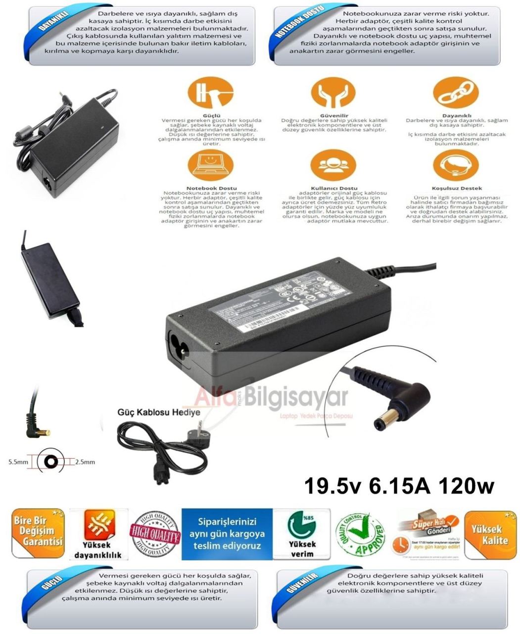Monster Toshiba Casper Lenovo Msi Uyumlu 19v 6.3a 120w  5.5x2.5mm Standart Uç Adaptor Şarj Aleti