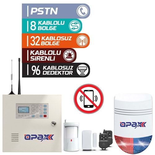 OPAX-2545 BGR 10 AKÜ PSTN PANEL & KABLOLU SİRENLİ FULL ALARM SETİ