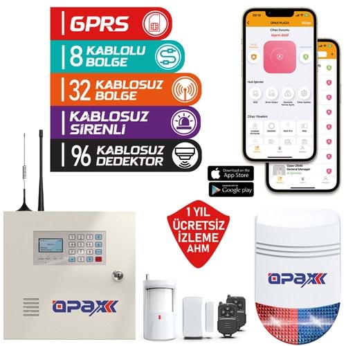 OPAX-2646 GPRS/GSM/WİFİ ALARM PANELİ KABLOSUZ SİRENLİ