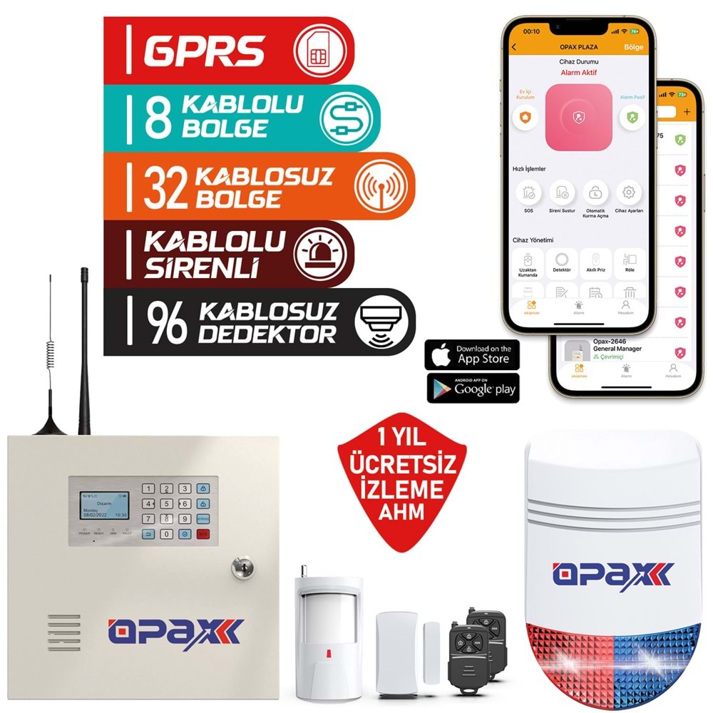 OPAX-2646  AKÜ GPRS ALARM PANELİ  KABLOLU SİRENLİ FULL SET - Görsel 2