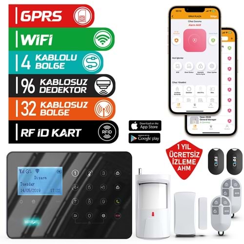 ARD-575 SİYAH GPRS I GSM I WİFİ KABLOLU & KABLOSUZ DOKUNMATİK ALARM SİSTEMİ